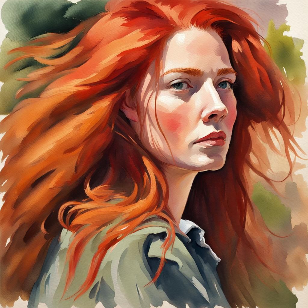 Red-Haired Woman in Gouache Impressionist Style