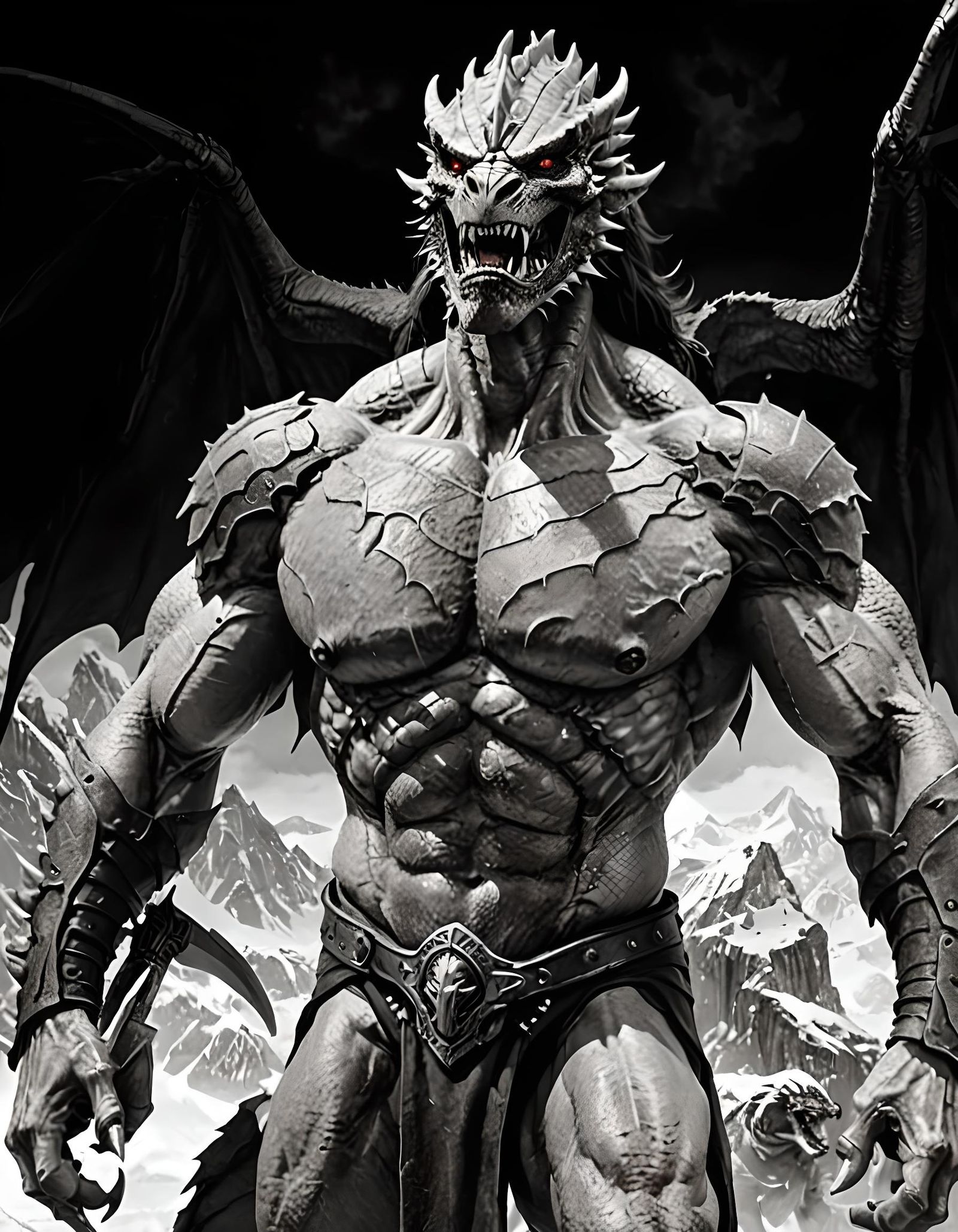 Fearsome Dragonborn Barbarian Roaring in Mountains