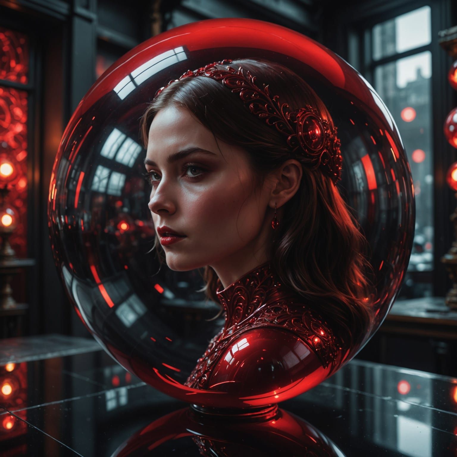 Hyperrealistic Red Glass Sphere in Dystopian Setting