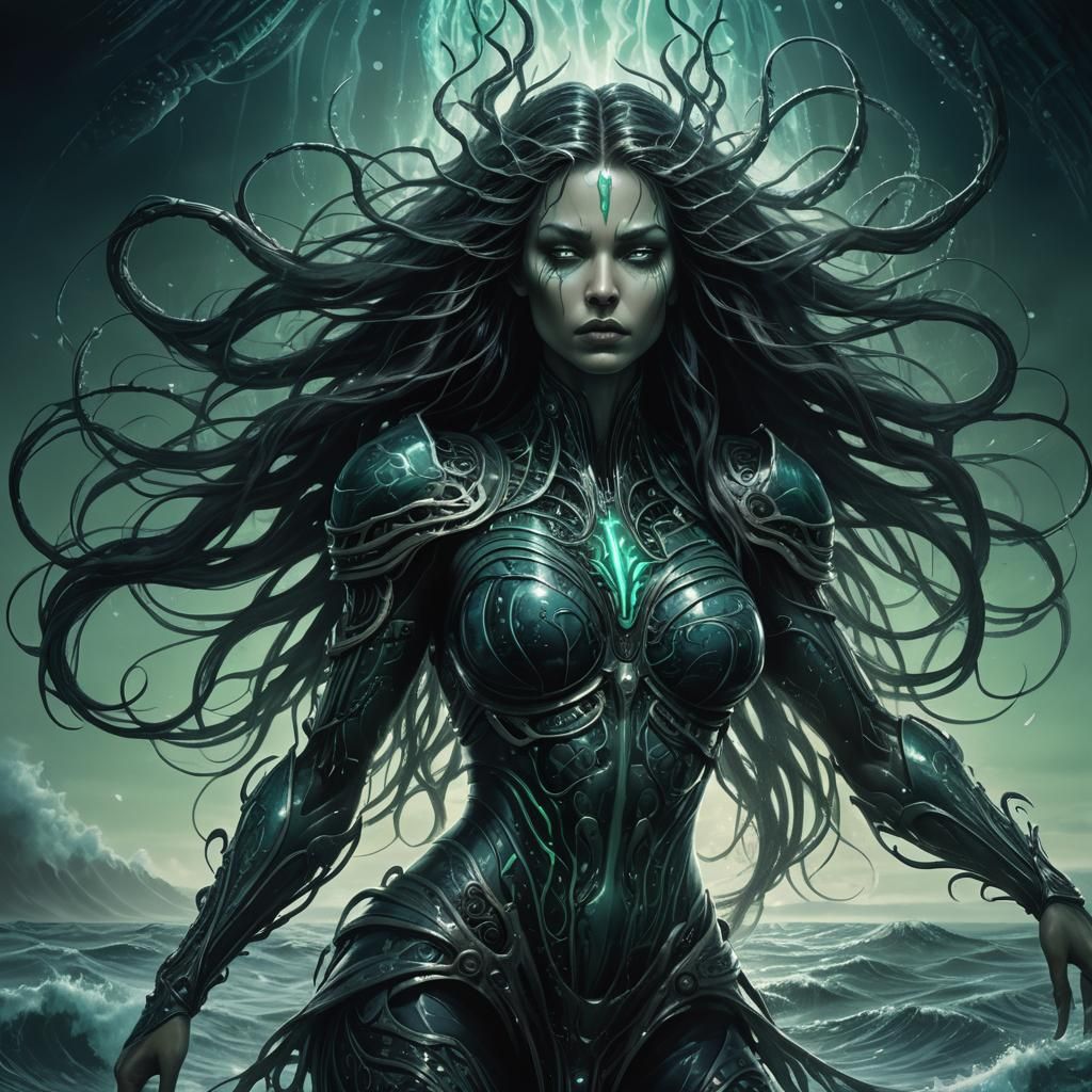 Goddess Rises from Dark Waves in Biomechanical Style