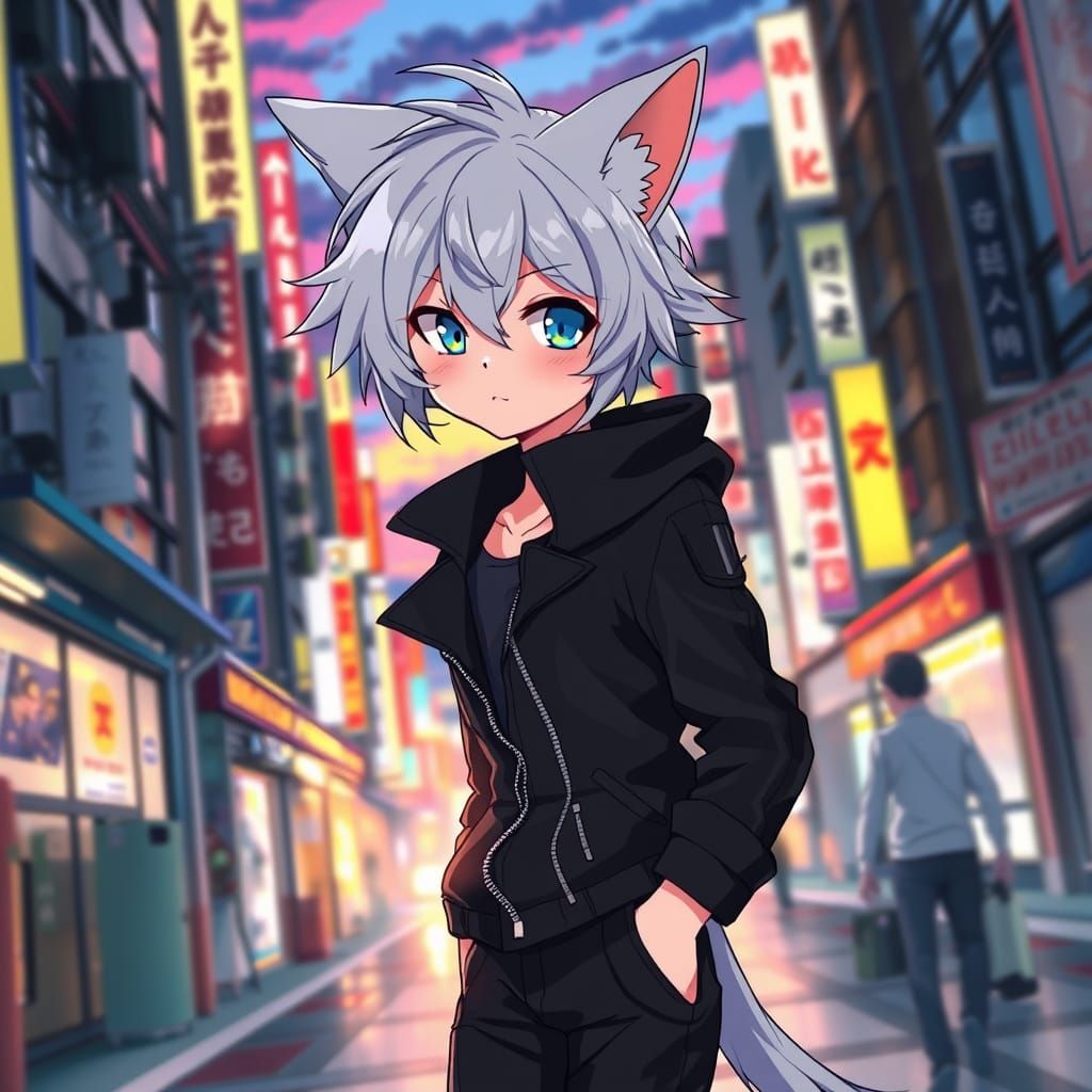 Anime Neko Boy in Tokyo Street Scene