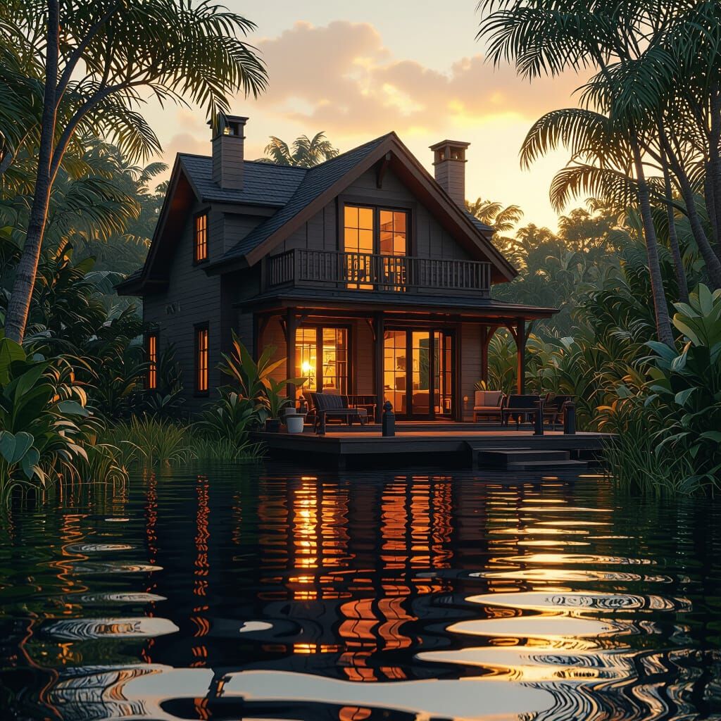 Serene House on Water: Matte Painting Style