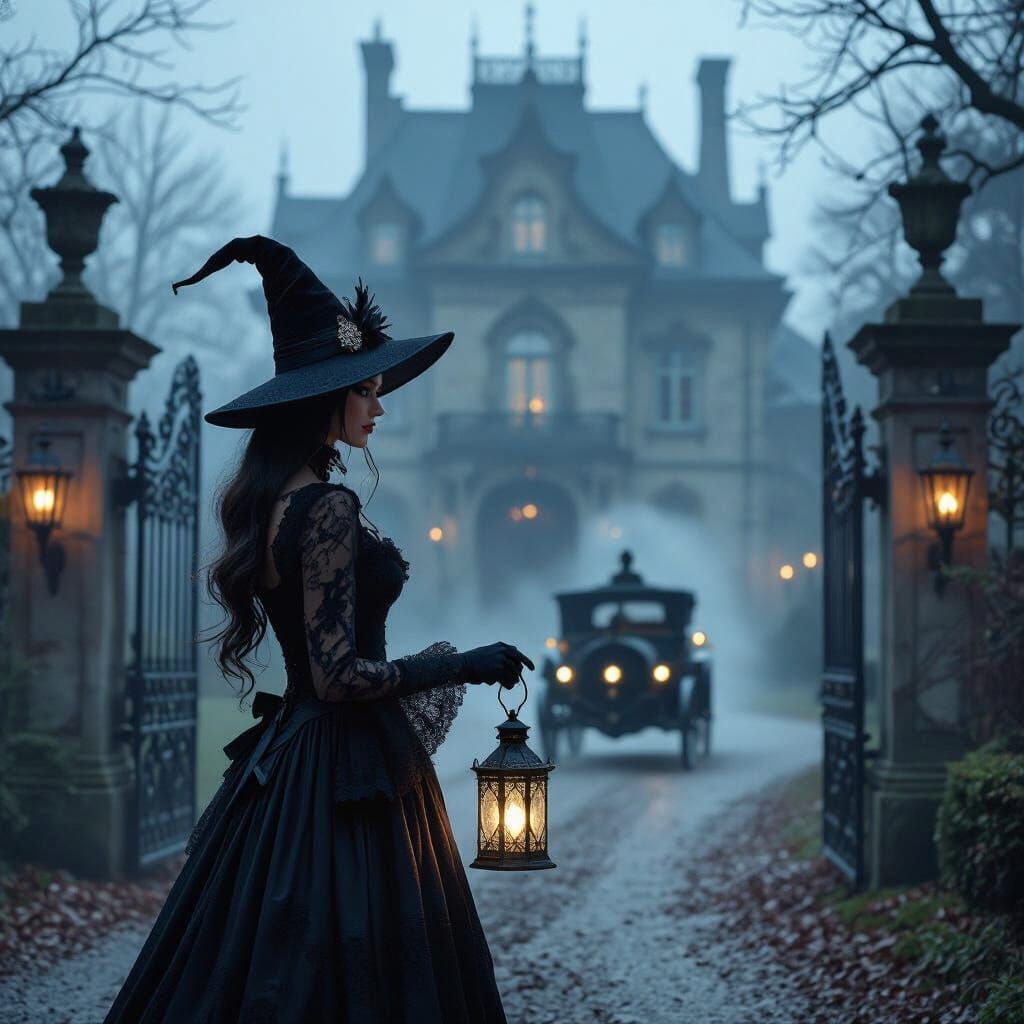 Gothic Woman at Manor Gates with Carriage