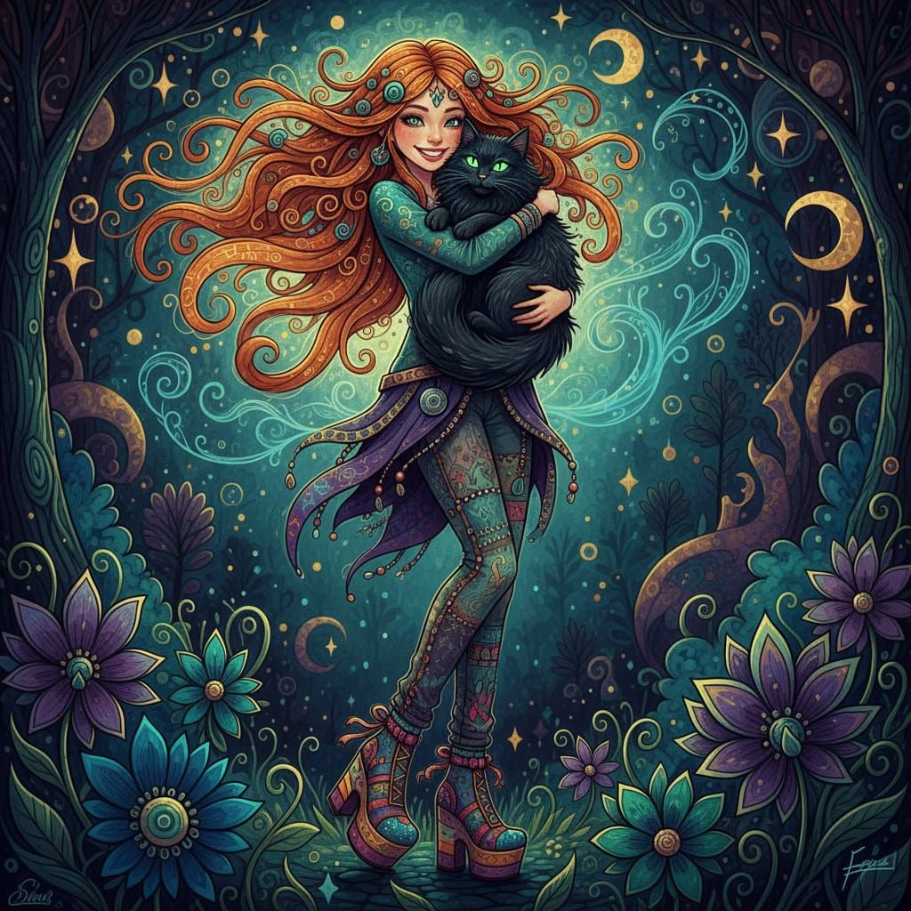 Bohemian Witch Girl With Fiery Hair Hugs Black Cat