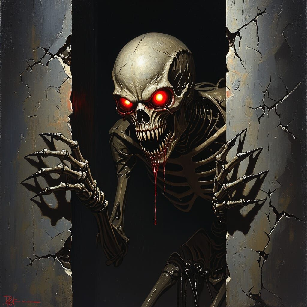 Terrifying Skeletal Insect Hybrid in Dark Hallway