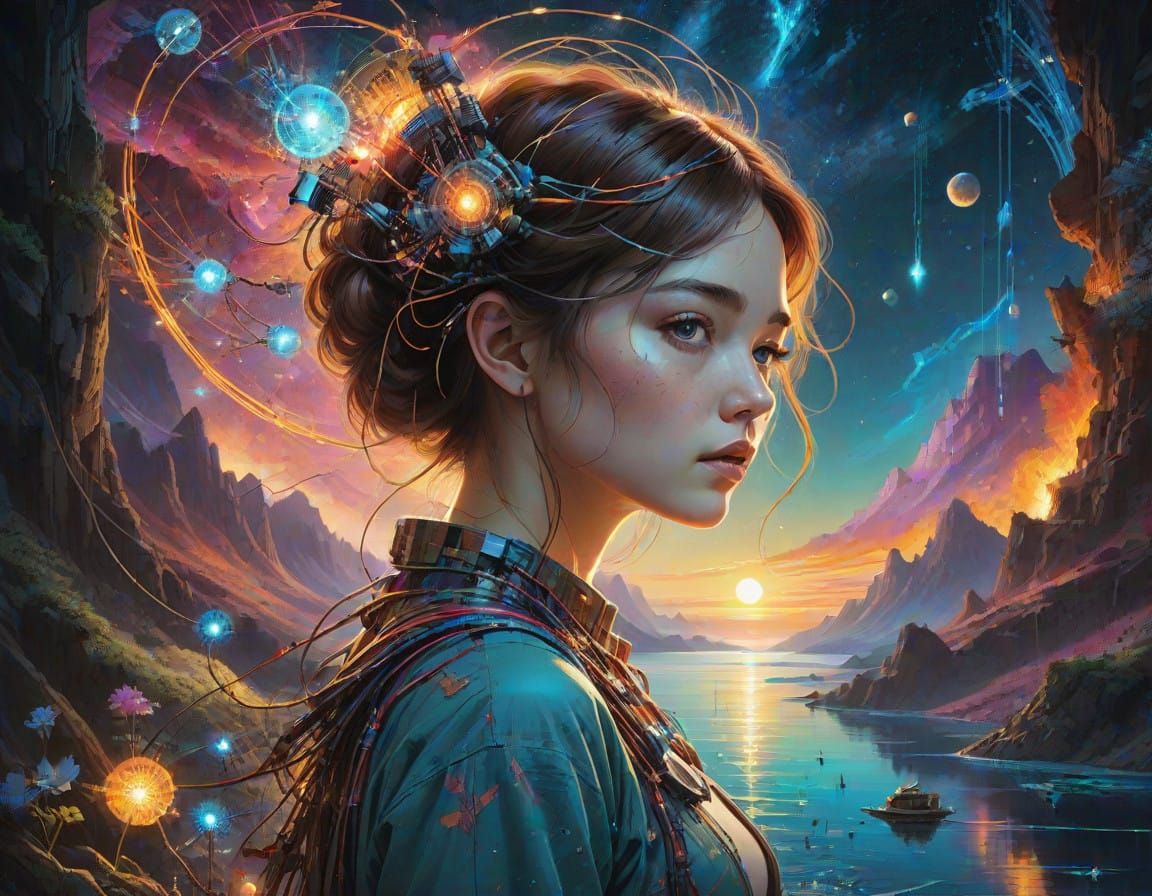 Stunning Cosmic Circuitry Universe in Watercolor Style