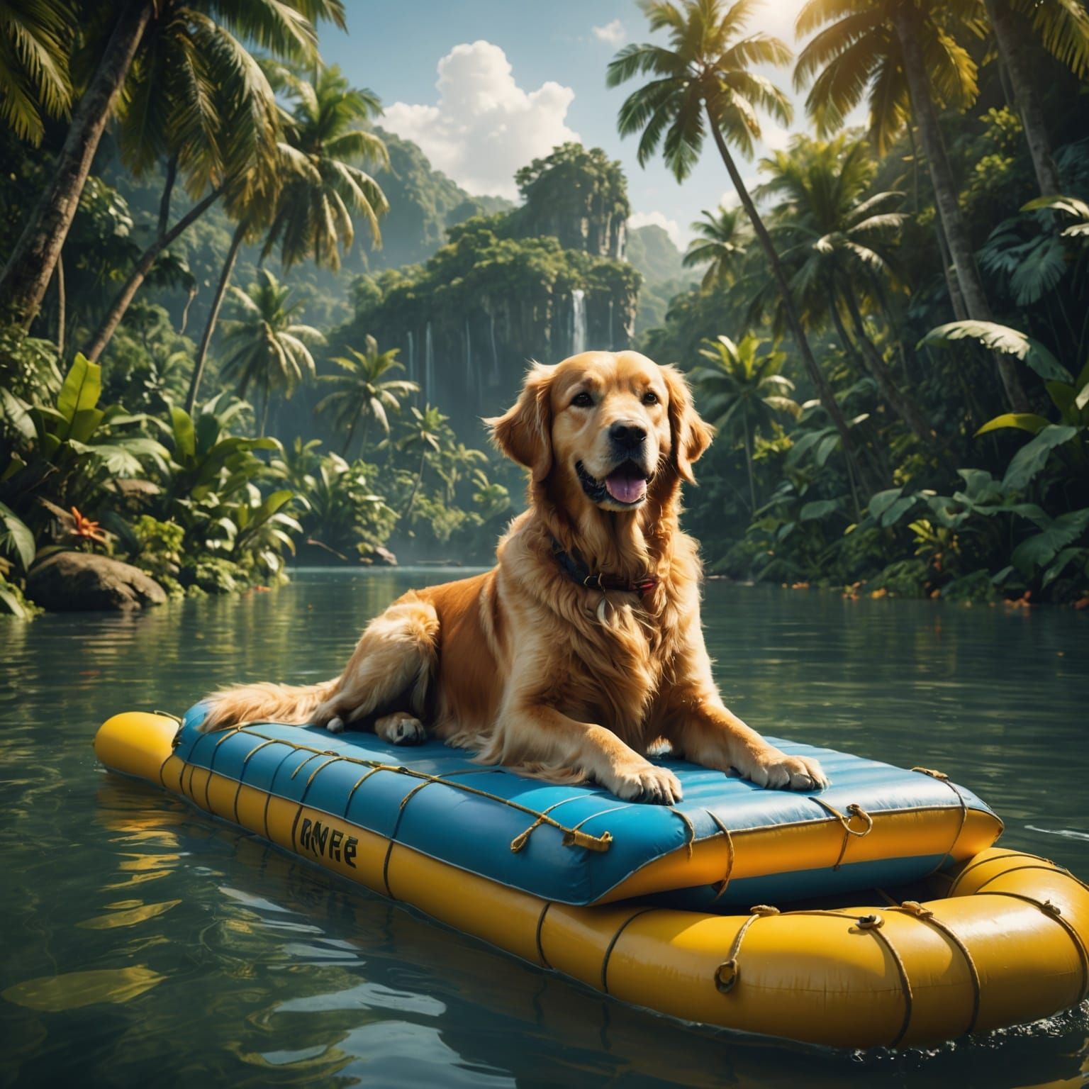 Golden Retriever on Raft in Tropical River