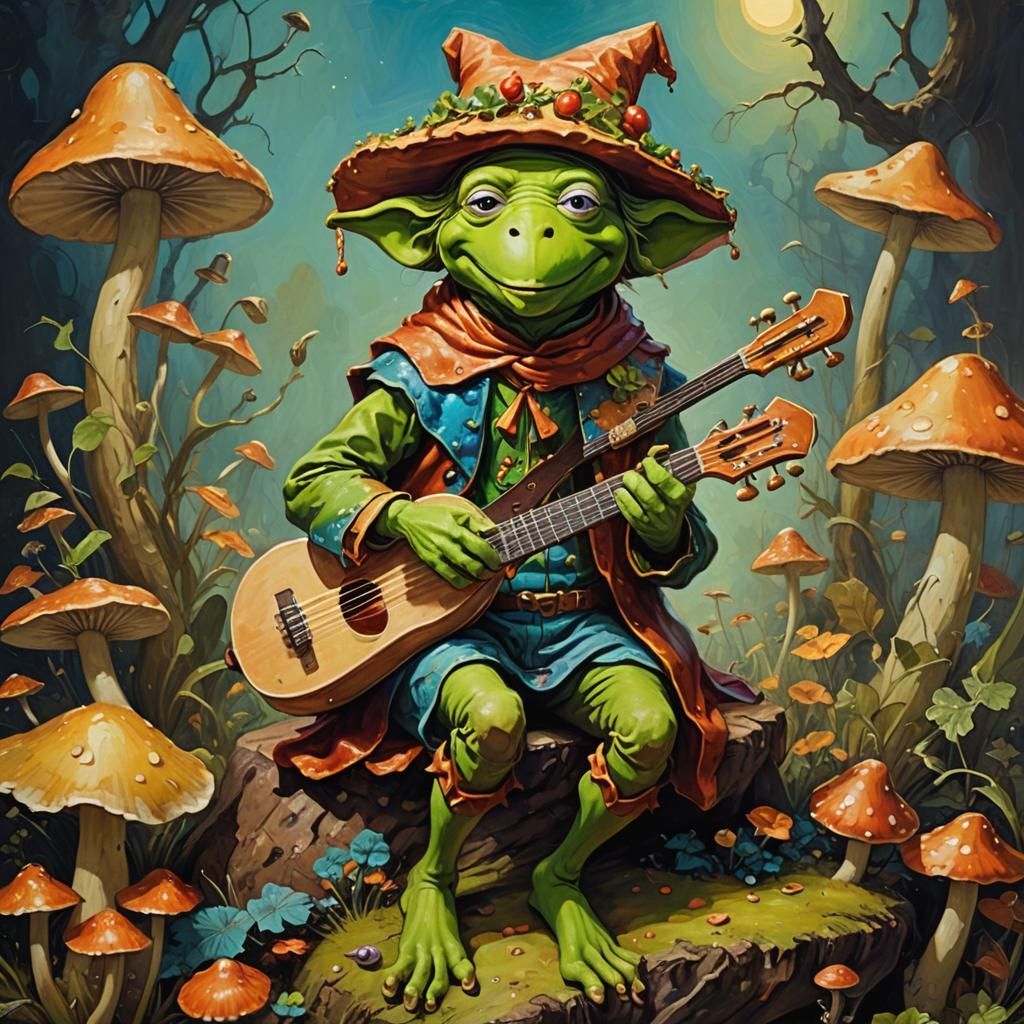 Kermit as Jester in Dreamlike Moebius Style