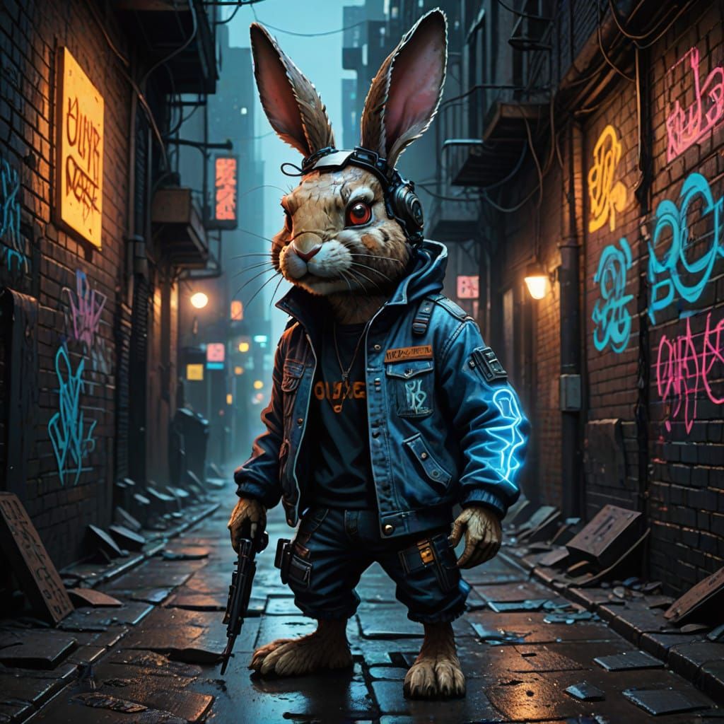 Cyberpunk Graffiti Rabbit in Urban Alleyway, Neon Cityscape