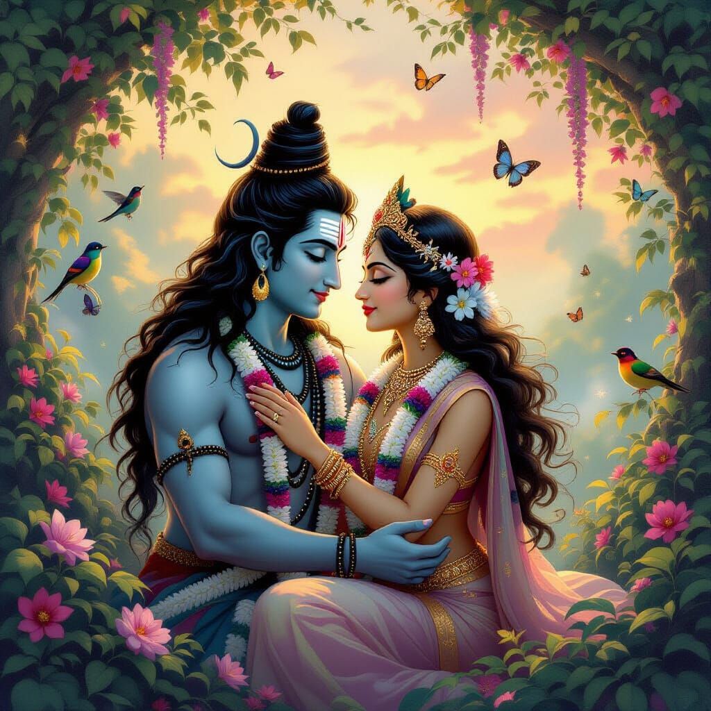Lord Shiva and Parvati's Romantic Twilight Embrace