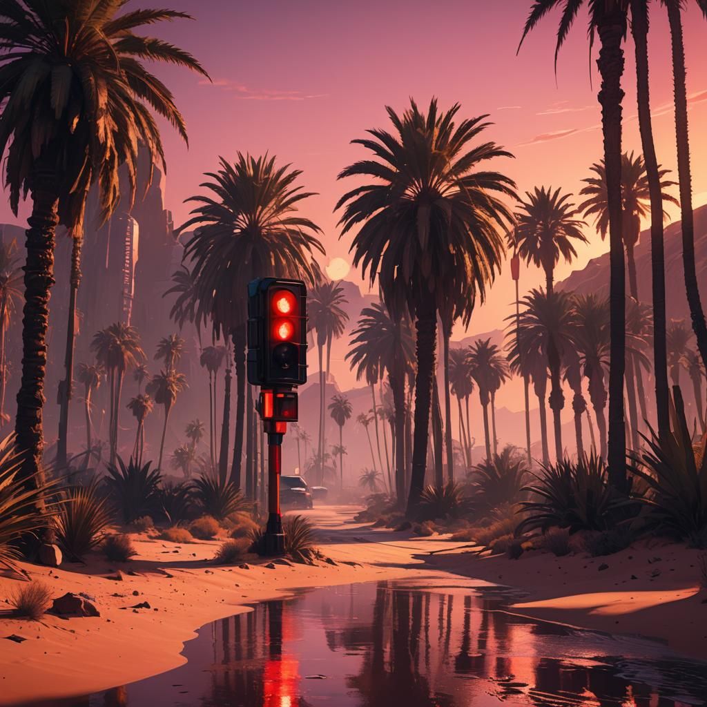 Cyberpunk Traffic Light in Desert Oasis at Sunset