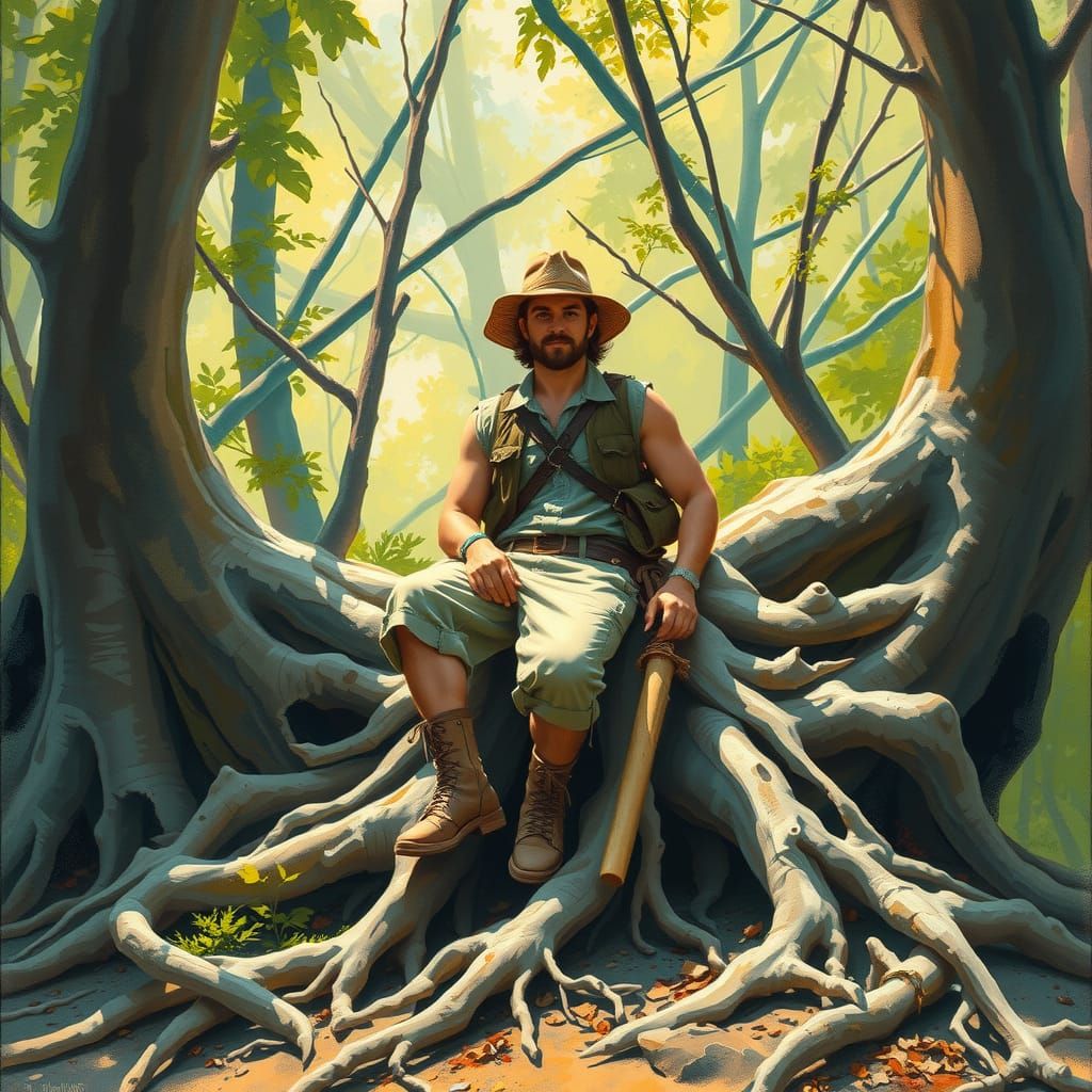 Man on Tree Roots in Gouache Impressionist Style