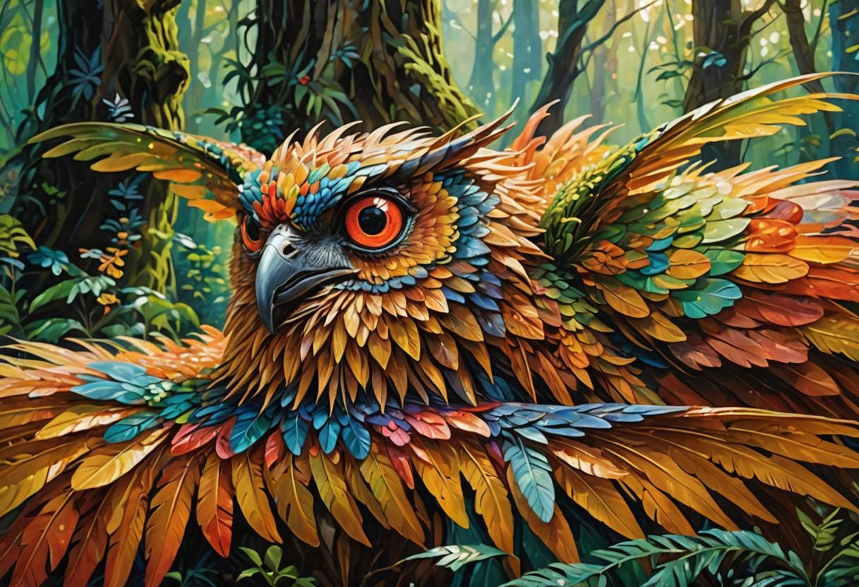 Fantastical Creature in Forest: Neo-Impressionist Oil Painti...