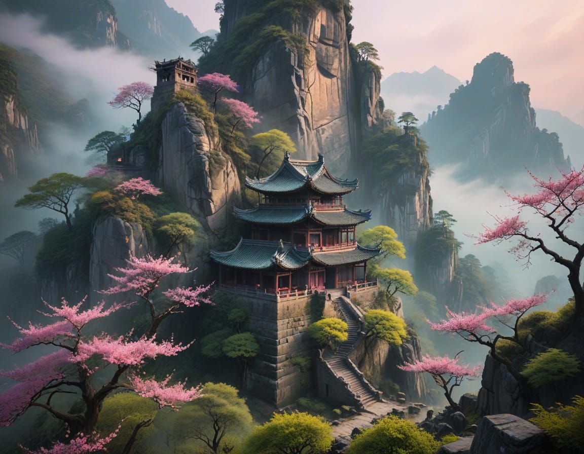 Misty Chinese Mountainscape with Ancient Temple Ruins