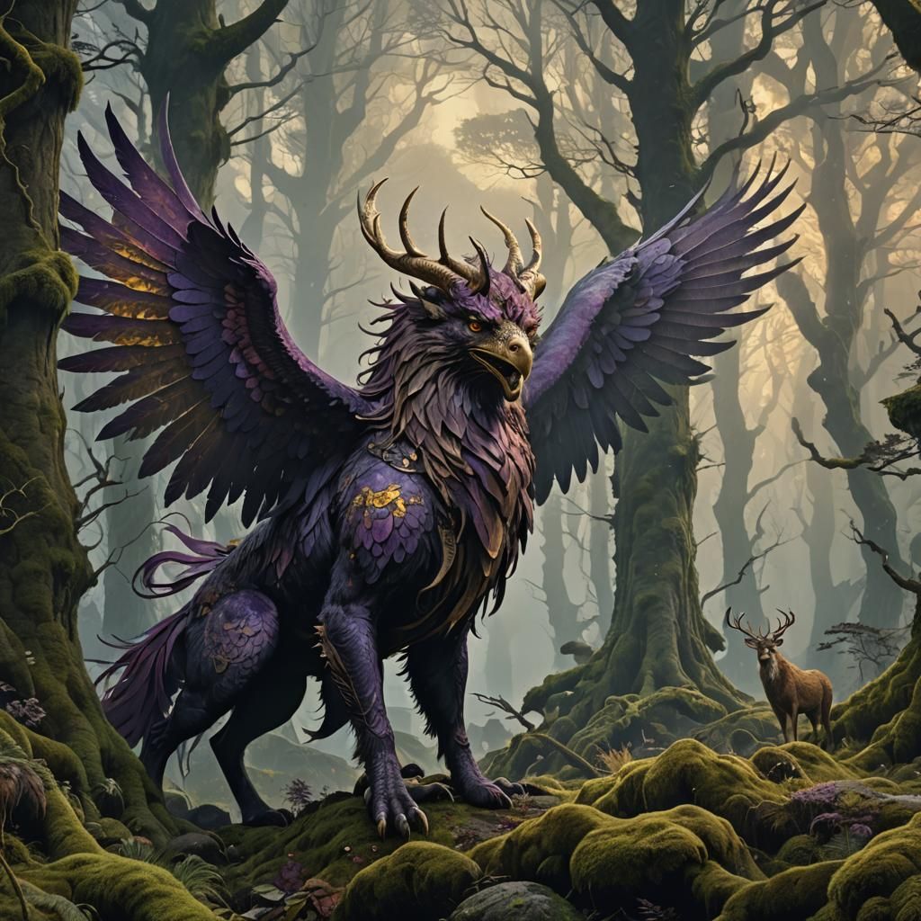 Griffin in Misty Forest, Art Nouveau Style