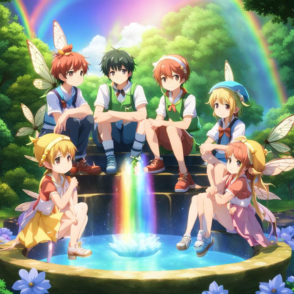 Fairies at Rainbow Fountain: 3D Anime Art