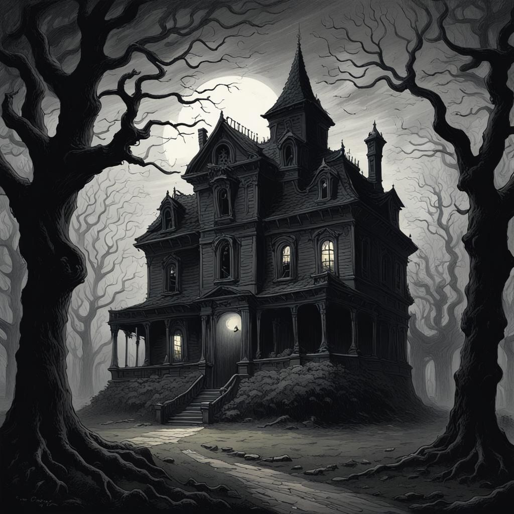 Ominous Haunted House with Creepy Glow, Horror Aesthetic