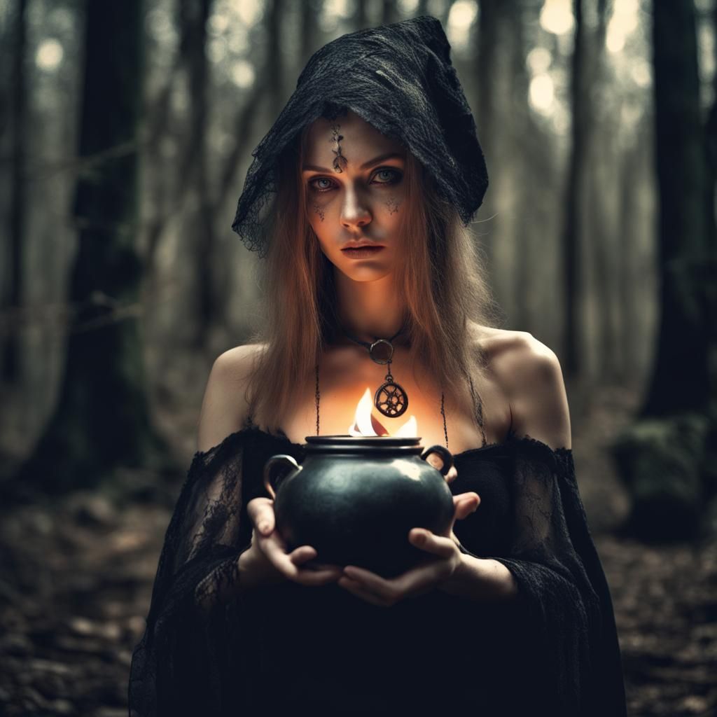 Young Witch Casting Spell in Forest: Hyperrealistic HDR
