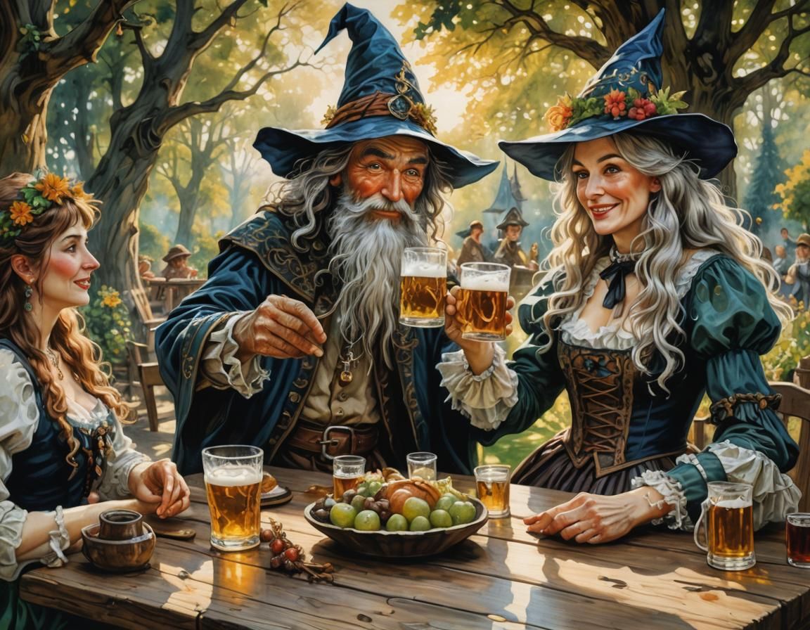 Oktoberfest Wizard and Witch, Oil Painting in Rackham Style