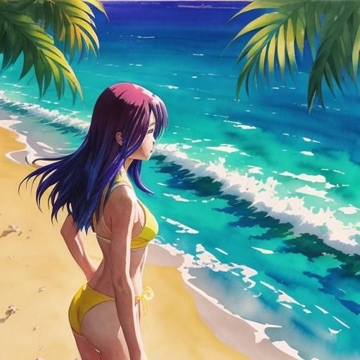 Ghibli Anime Beach Scene in Watercolor Style