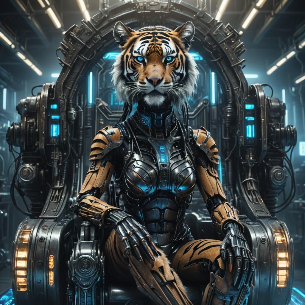 Cyberpunk Robotic Tiger on Metallic Throne