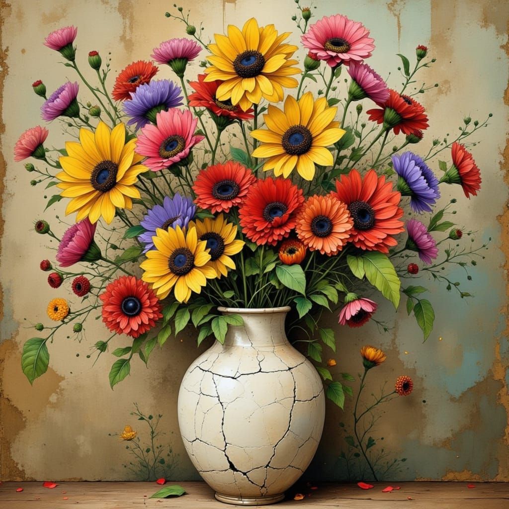 Vintage Floral Bouquet in Cracked Vase