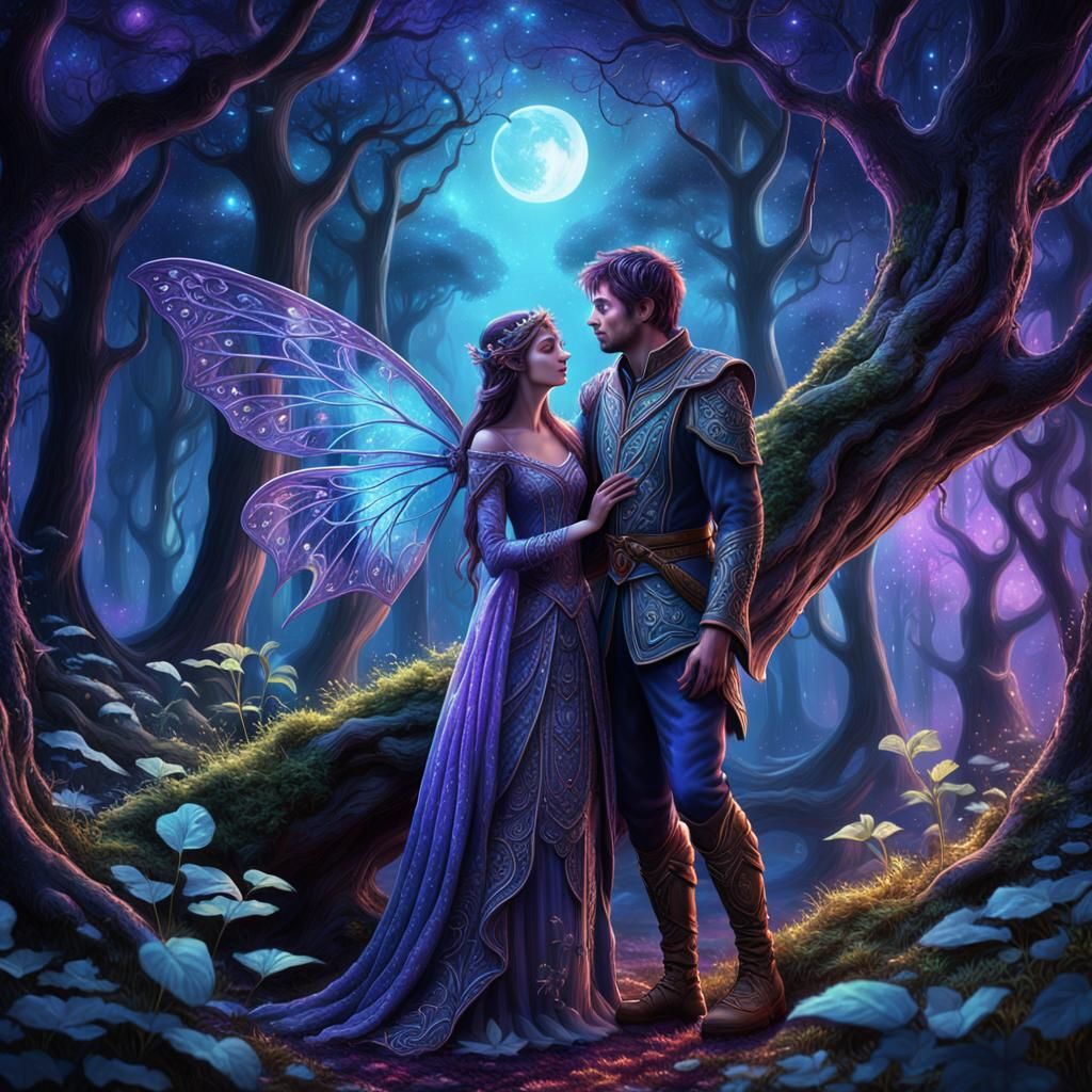 "un couple un elfe et une fée qui s'embrassent dans un bois ...