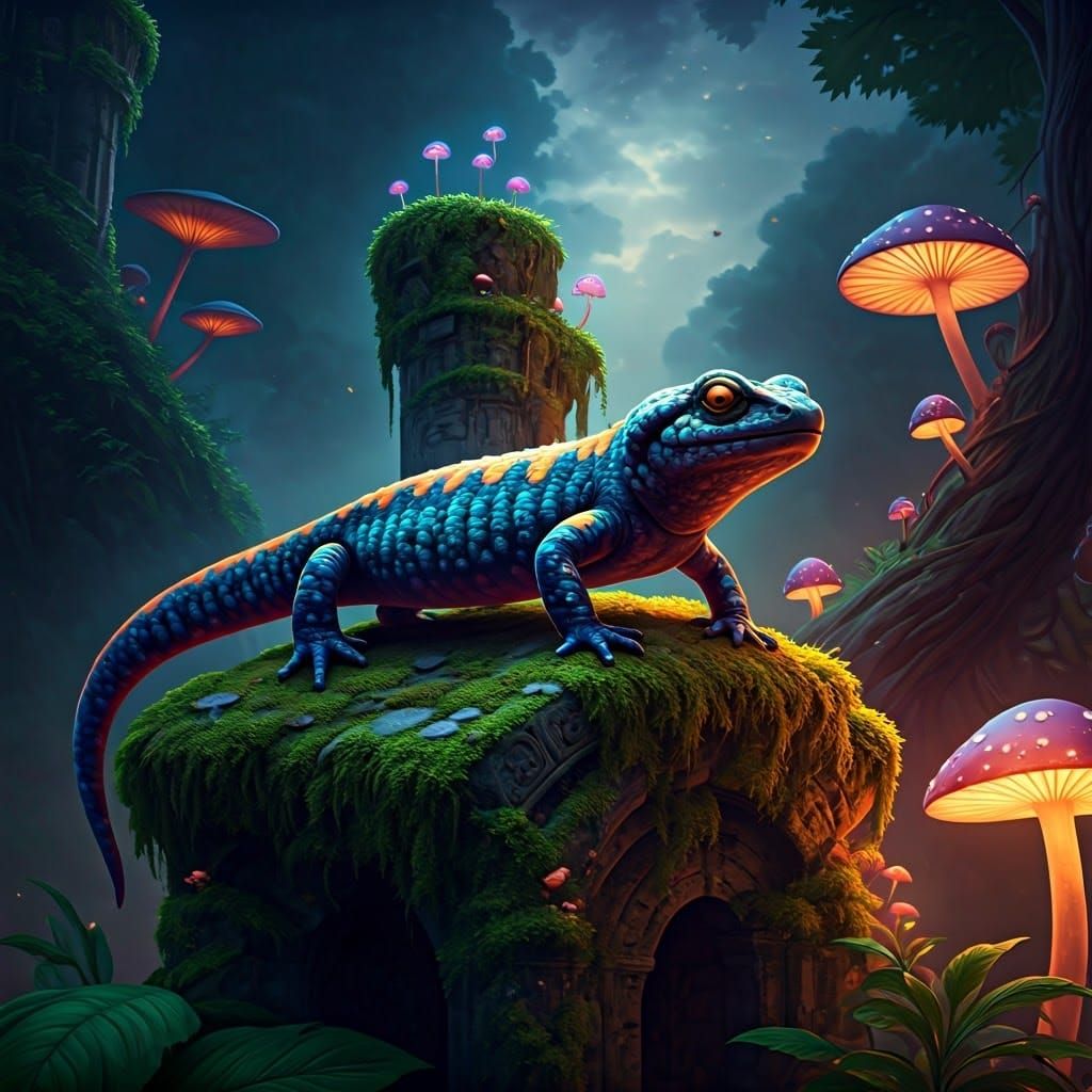 Iridescent Salamander on Ancient Ruins in Matte Painting Sty...