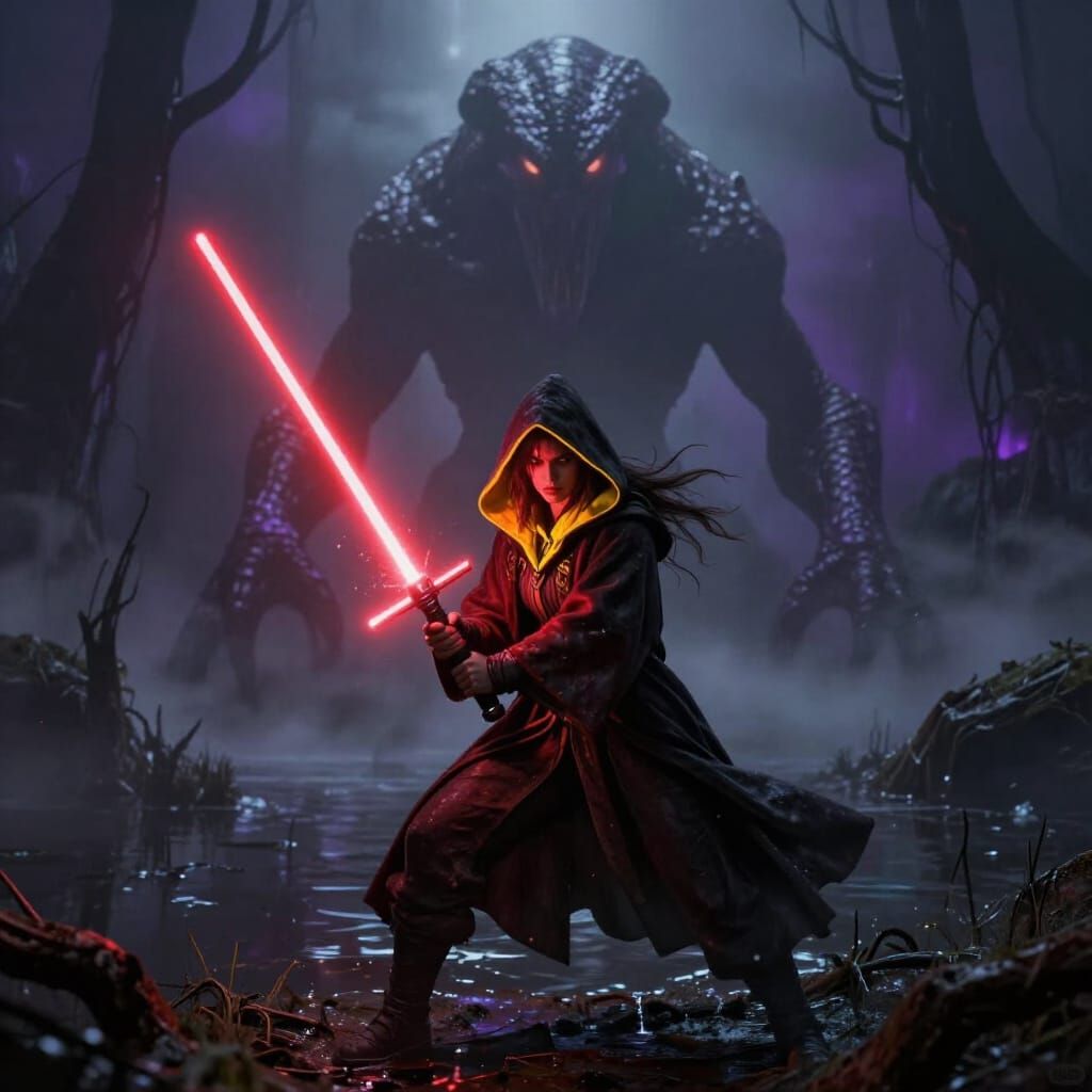 Dark Fantasy RPG Swamp Scene with Lightsaber Warrior