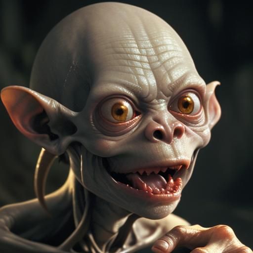 A photorealistic close-up of Gollum's face, illuminated by a faint golden light emanating from the One Ring clutched in ...
