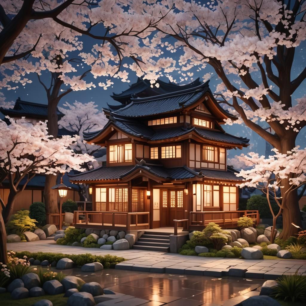 Anime Sushi House with Cherry Blossoms