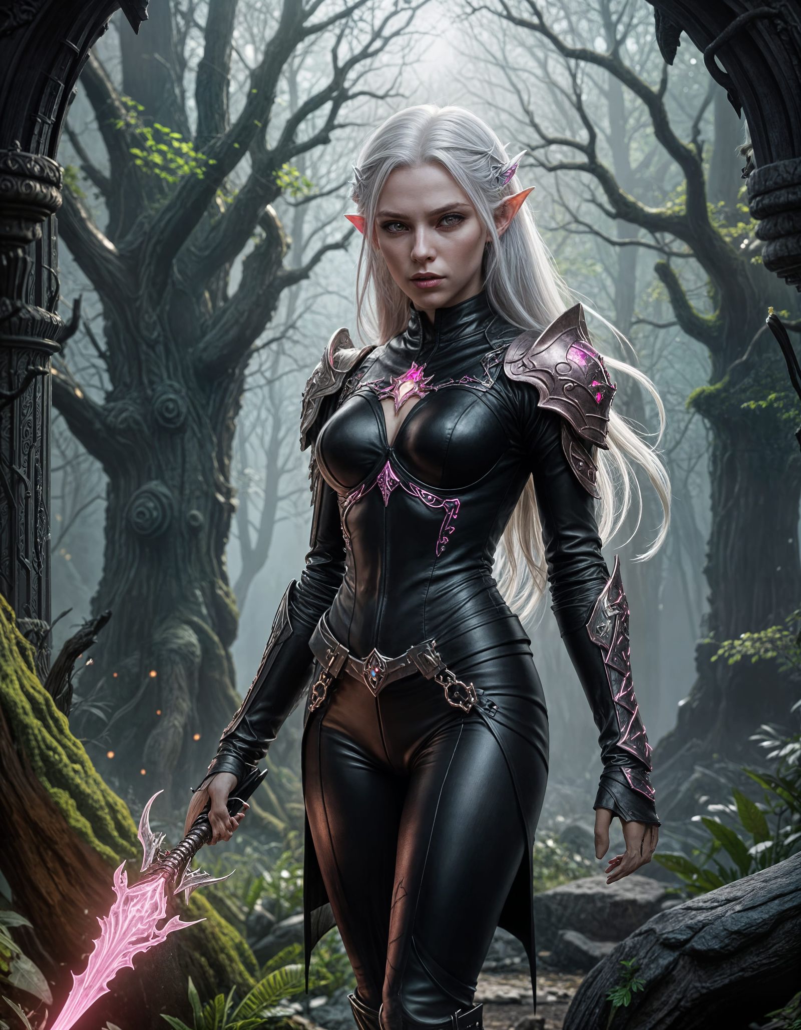 Albino Elf Warrior in Black Leather, DND Art