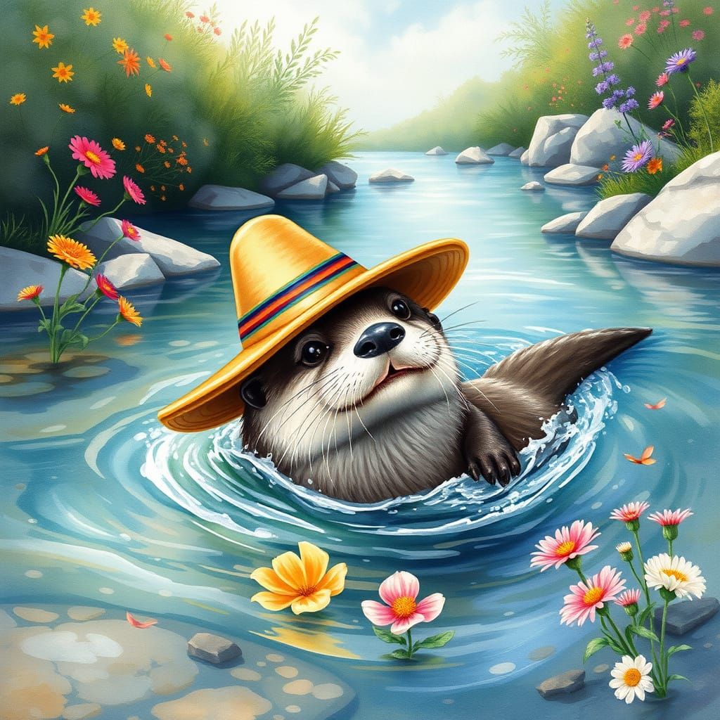 Otter with Sombrero in Surreal Watercolor