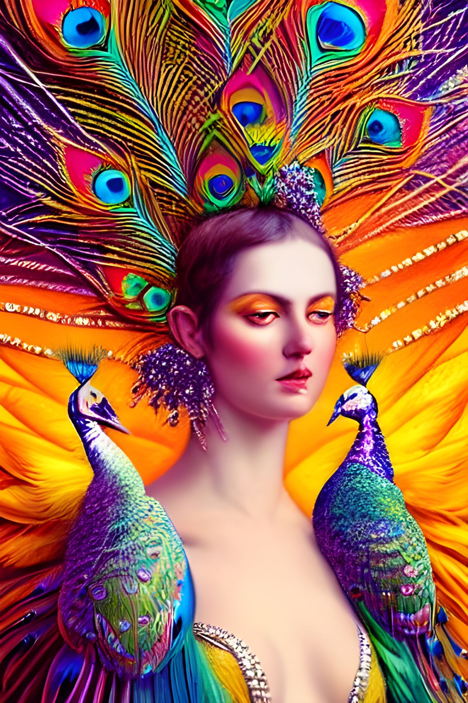 Peacock Goddess Portrait in Maximalist Style