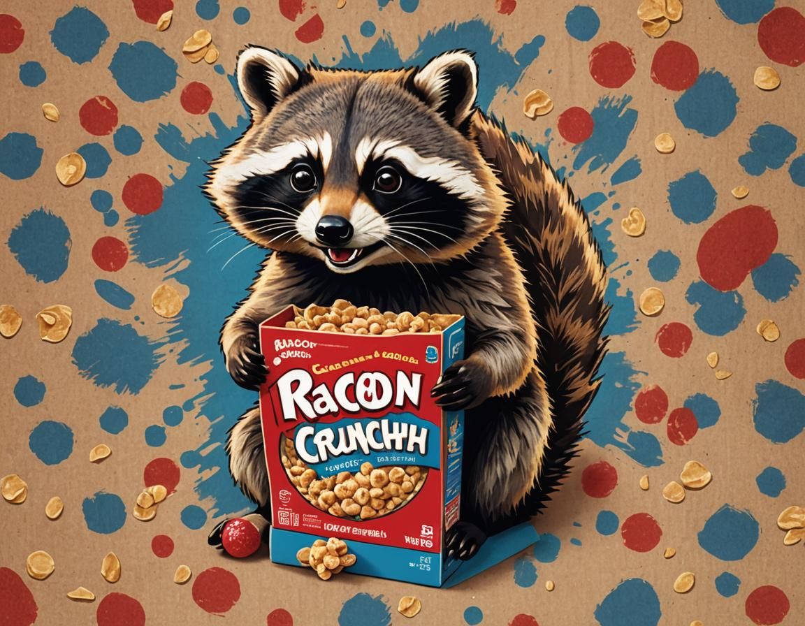 Raccoon Crunch Cereal Box: Cinematic Commercial Art