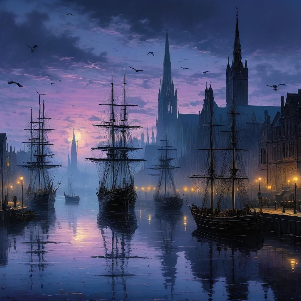 Gothic City at Twilight with Tall Ship, Romanticism Style