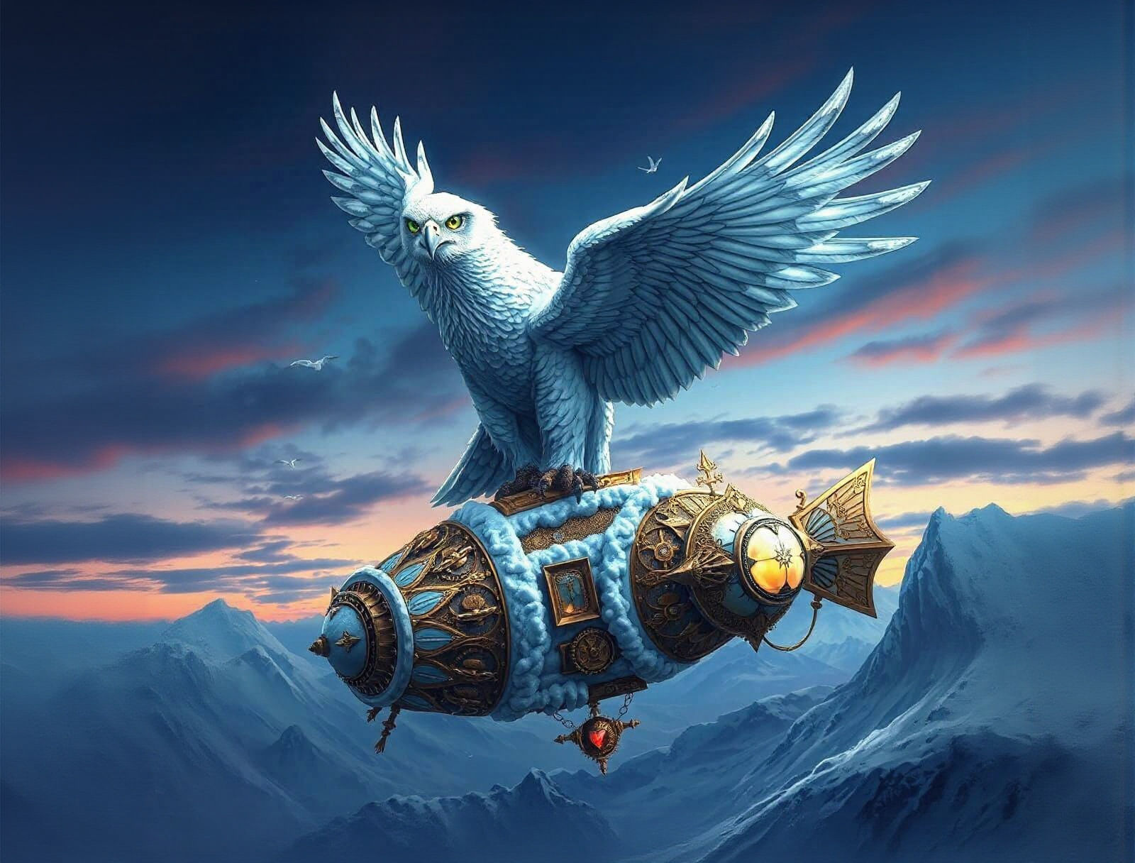 Snow Eagle on Steampunk Airship in Detailed Matte Painting S...