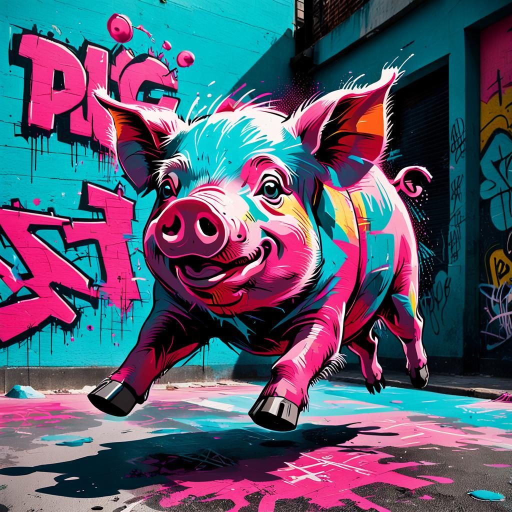 Graffiti Pig Mid-Air: Vibrant Street Art Illustration