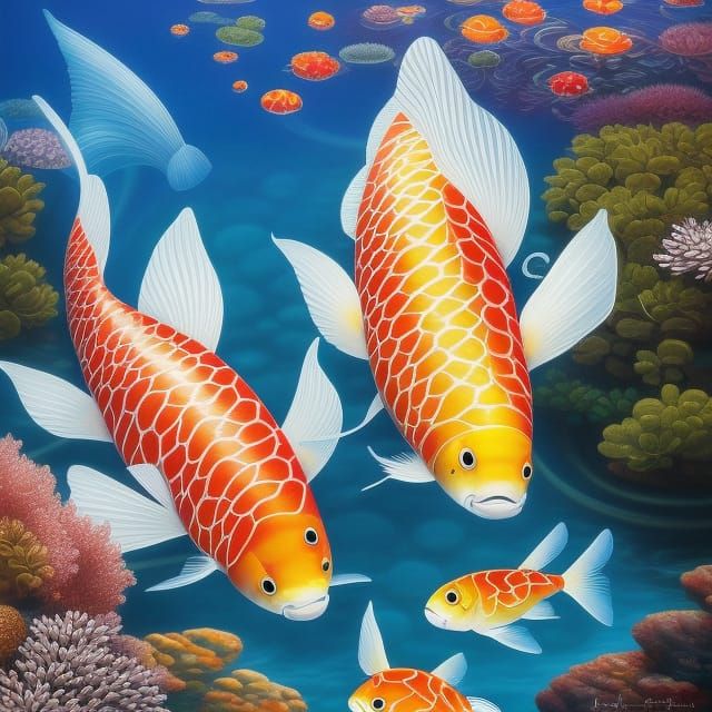 Koi Fish in Lake: A Surreal Fantasy Painting