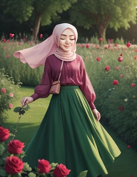 Woman in Hijab with Rose on Green Lawn