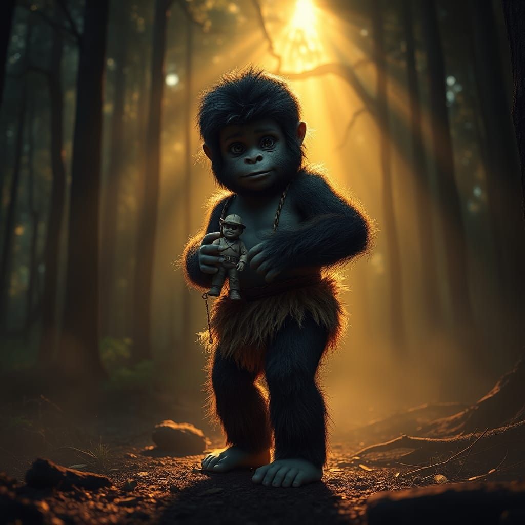 Toddler Sasquatch in Primeval Forest, Hyper-Realistic 3D Art