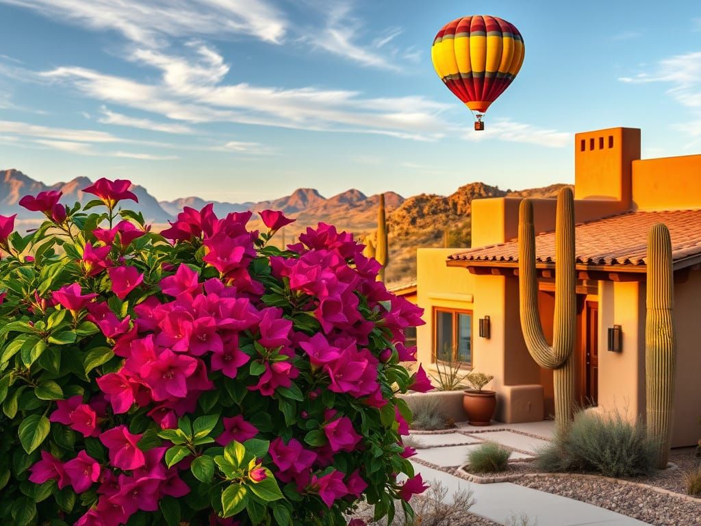 Santa Fe House Landscape with Vibrant Bougainvillea and Hot ...