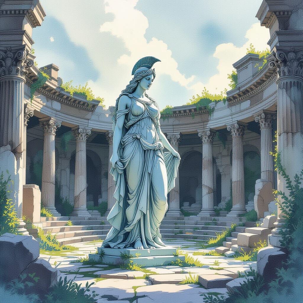 Athena Statue in Bioluminescent Ruins