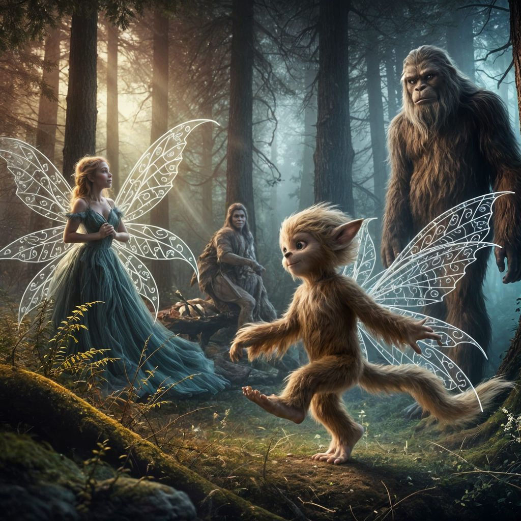 Sasquatch-Fairy Hybrid Dances in Magic Forest