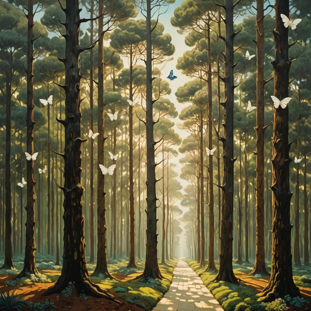 Ethereal Butterflies Dance in Mystical Pine Forest