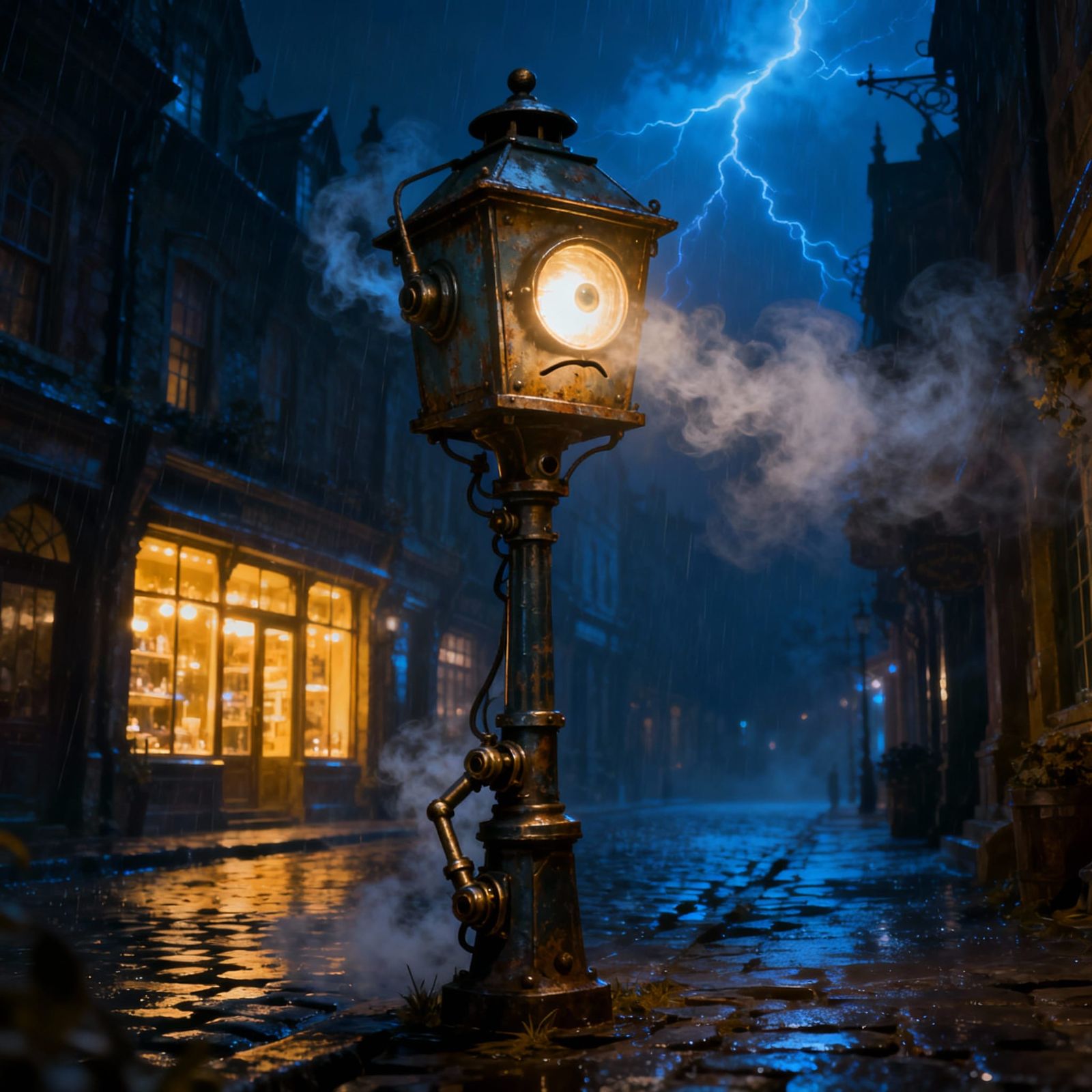 Grumpy Streetlight Character Glaring on Cobblestone Street