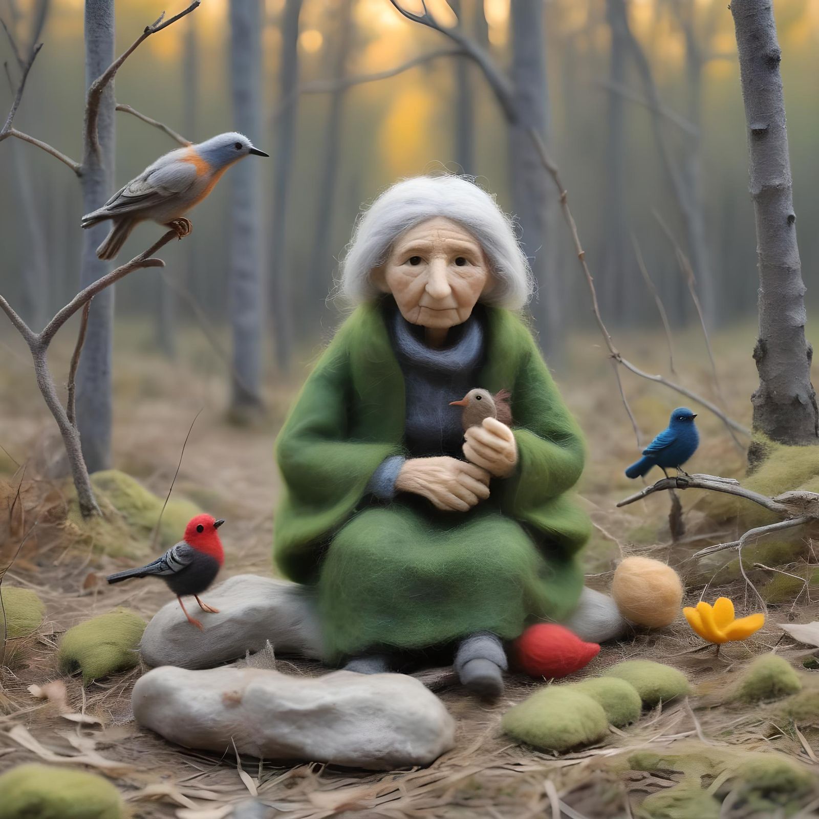 Needle-Felted Elderly Woman in Sunrise Forest