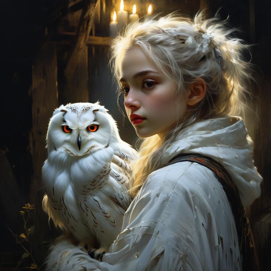 White Owl Portrait in Barn, Fine Art Painting