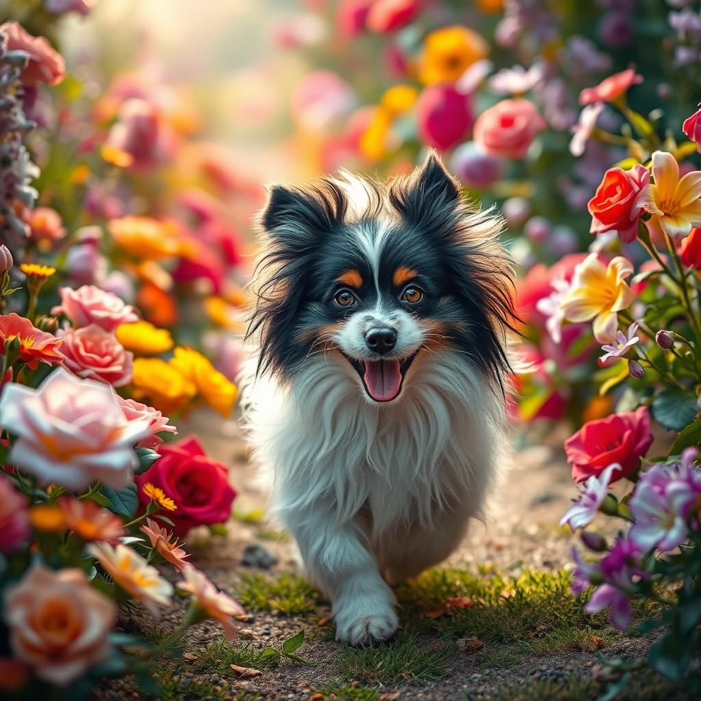 Lhasa Apso Puppy Runs Through Flower Garden
