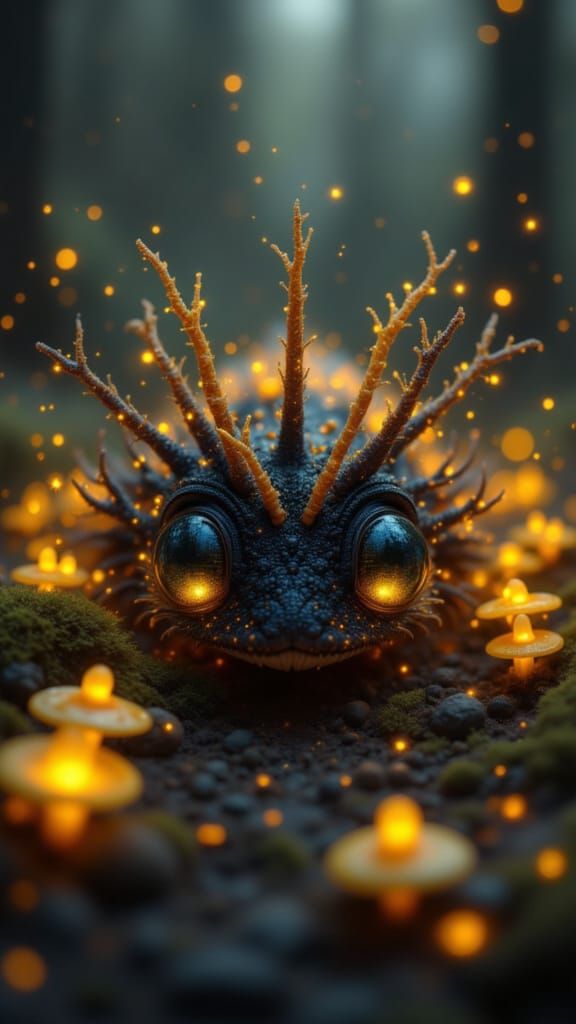 Mystical Black and Gold Creature with Dragonfly Wings